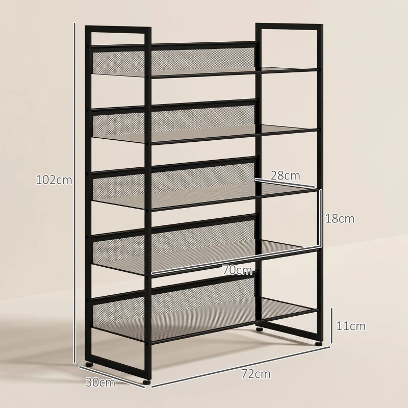 HOMCOM Schoenenrek Schoenenrek, 5 Planken, 72 cm x 30 cm x 102 cm, Zwart