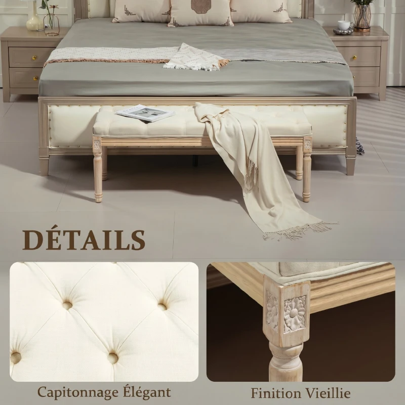 HOMCOM Banc Banquette classique capitonné 115cm bout de lit Rembourrée en lin - bois d'hévéa sculpté, patiné - crème