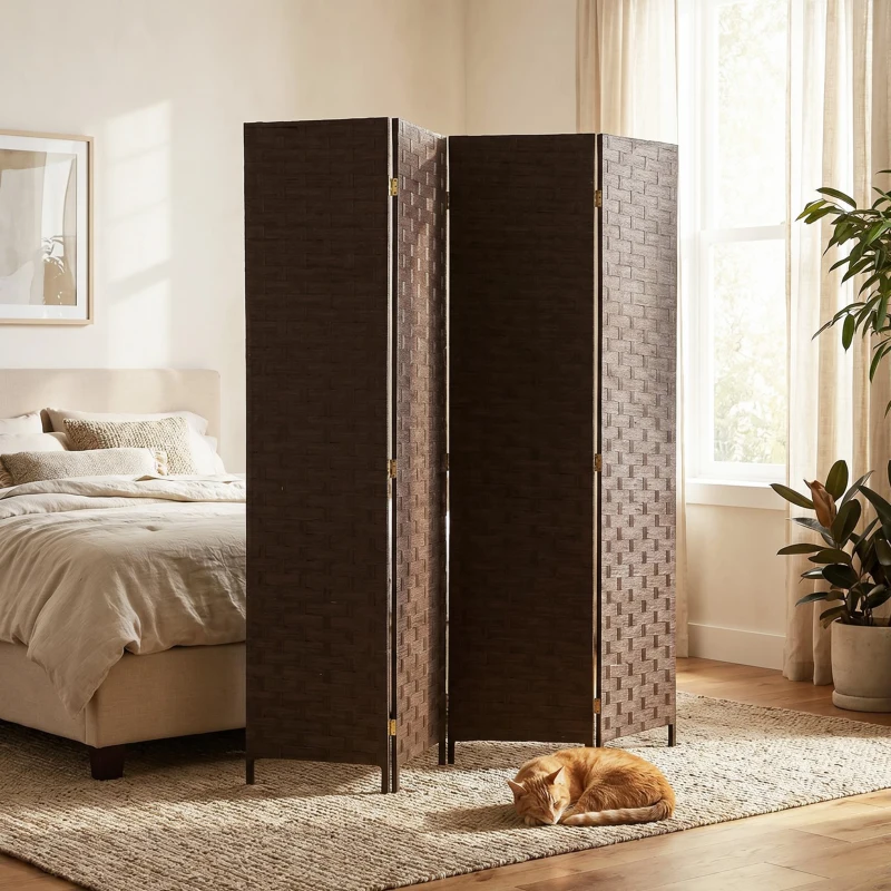 HOMCOM Wave Fibre Freestanding Folding Privacy Screen Panels, Room Divider, Dark Brown