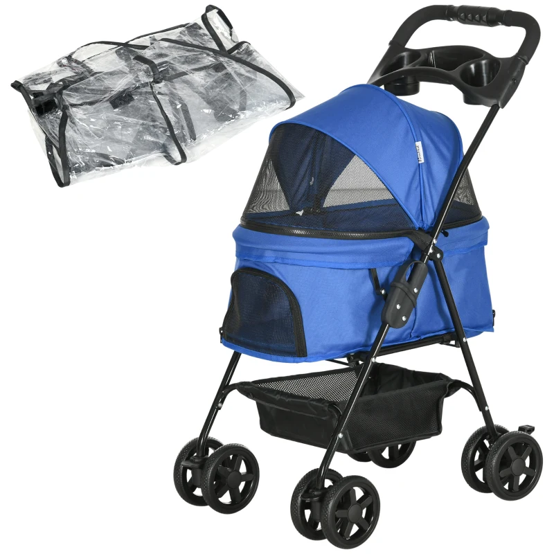 PawHut Dog Stroller with Rain Cover, Dog Pushchair One-Click Fold Trolley Jogger with EVA Wheels Brake Basket Adjustable Canopy Safety Leash for Small Dogs, Blue