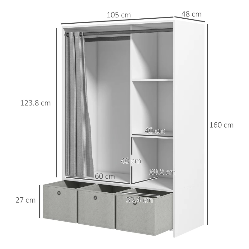 HOMCOM Dulap Modern cu Bară pentru Umerașe, 3 Sertare din Material Textil și 3 Rafturi, 105x48x160 cm, Alb și Gri
