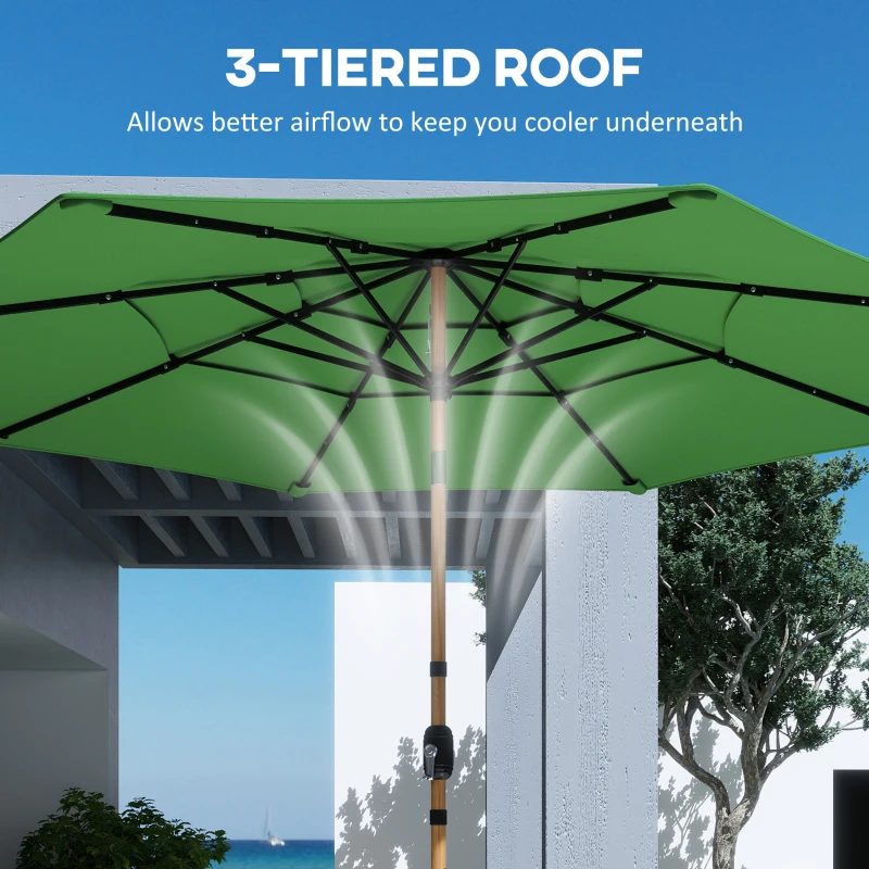 Outsunny Garden Parasol, Parasol Umbrella with 3-tier Roof, Crank Handle, Tilt Function, Polyester Canopy, Green