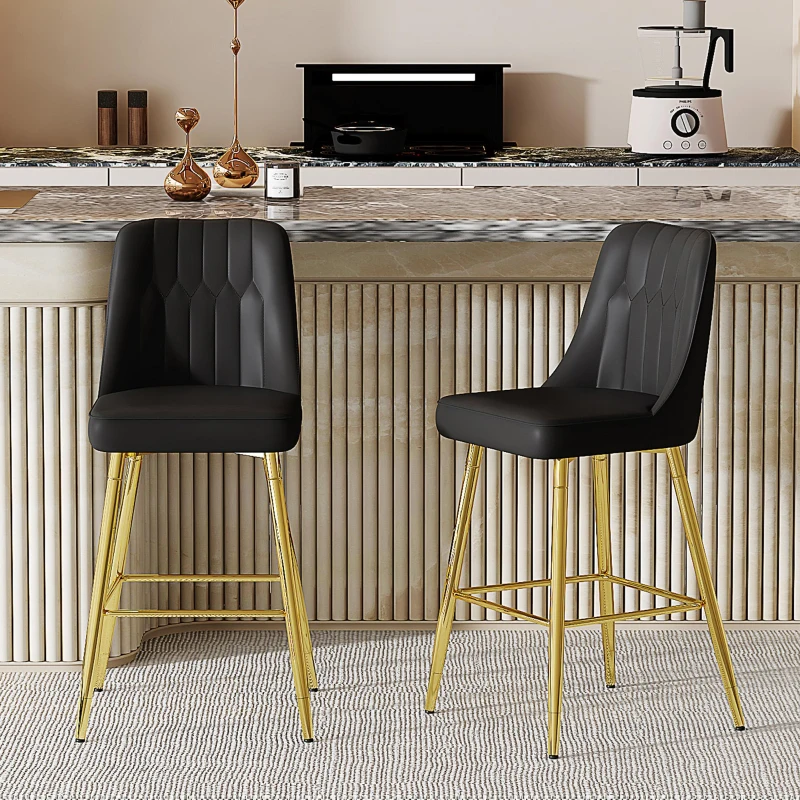 Lot de 2 tabourets de bar, design moderne, repose-pieds et renfort croisé, 42x45x100 cm, Noir+Doré