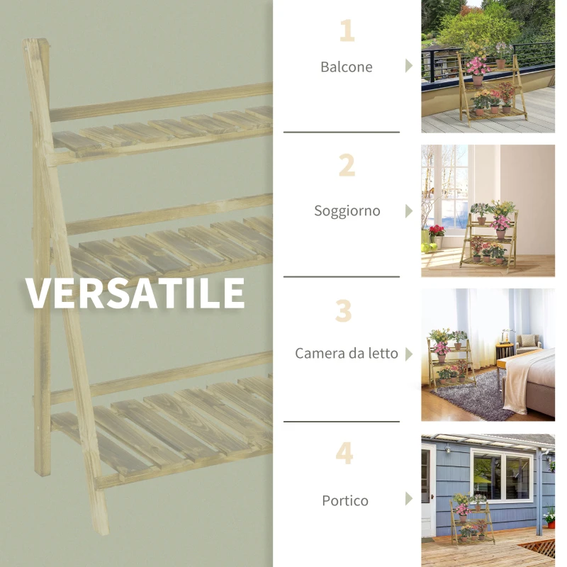 Outsunny Portapiante Pieghevole Portavasi in Legno di Abete con 3 Livelli Scaffale da Esterno per Piante Portafiori 100x37x93cm