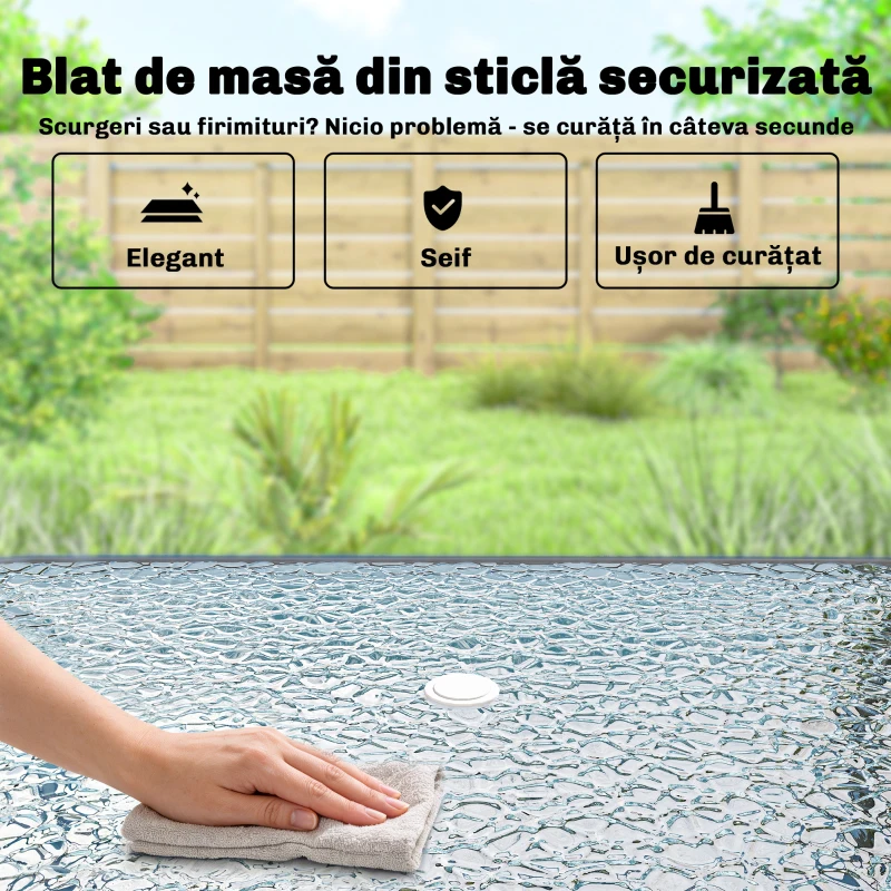 Outsunny Set de Masă de Grădină 8 Piese cu Umbrelă, Set Mobilier Grădină cu 6 Scaune Pliabile, Masă din Sticlă Temperată și Umbrelă pentru Terasă, Gri