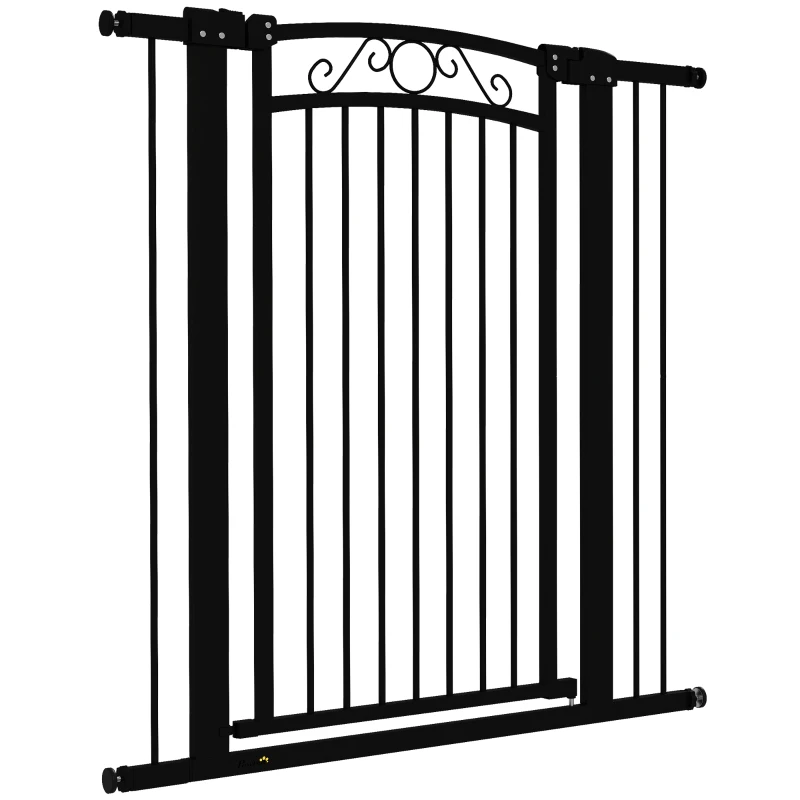 PawHut Puerta para Perros con Ancho Ajustable 76-104 cm Barrera de Seguridad con 2 Extensiones y Doble Bloqueo Negro