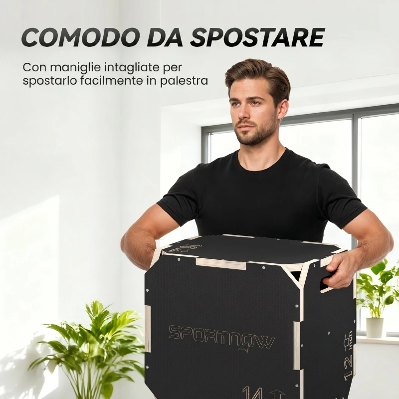 SPORTNOW Plyo Box in Legno 3 in 1, Box Pliometrico per Salti Antiscivolo con Maniglie per Allenamento in Casa Palestra, 41x36x31 cm, Nero