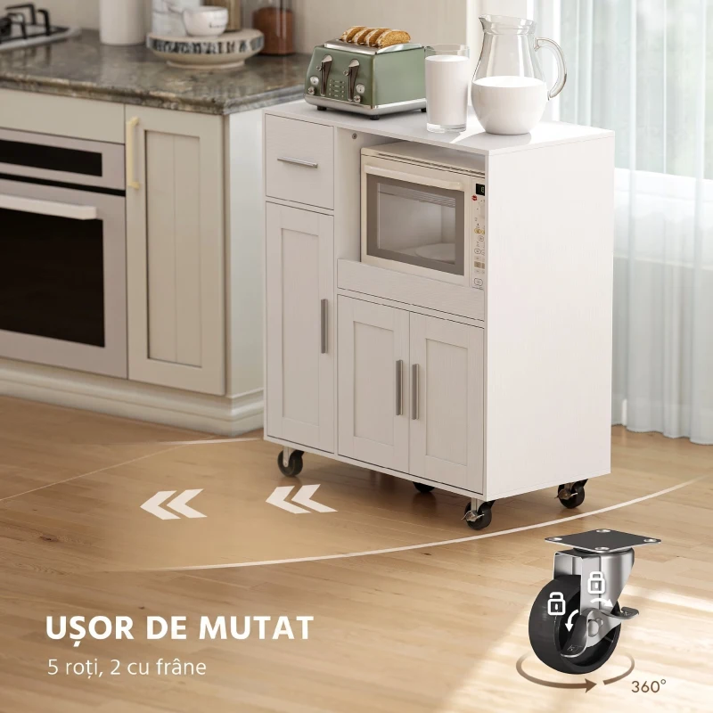 HOMCOM Dulap pentru Cuptorul cu Microunde din Lemn cu Sertar, 2 Dulapuri, Raft Deschis și Raft Reglabil, 80x40x88.7 cm, Alb