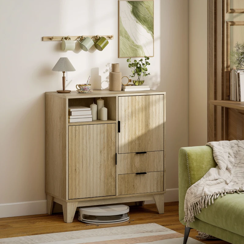 HOMCOM Buffet salon, meuble de rangement, 2 portes, 2 tiroirs, étagère réglable, compartiment ouvert, 80x40x90cm, bois naturel