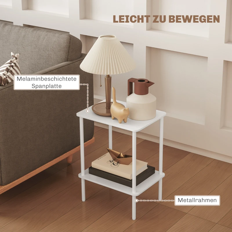 HOMCOM Moderne 2-laagse Bijzettafel met Opbergruimte en Metalen Frame voor Woonkamer, Slaapkamer, Wit