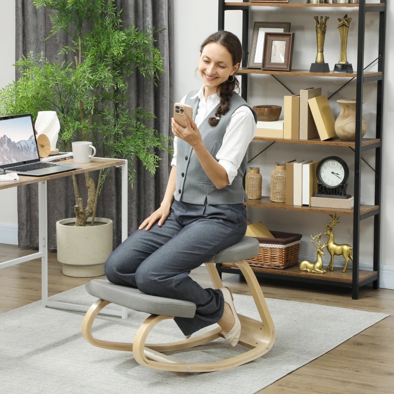 HOMCOM Sedia Inginocchiatoio con Movimento a Dondolo, in Tessuto e Legno di Betulla, 50x73x55 cm, Grigio
