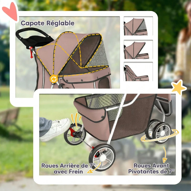 PawHut Poussette pour Chien 4 Roues, Chariot Pliable avec Auvent Réglable, Panier de Rangement, 77x44x102cm, Café