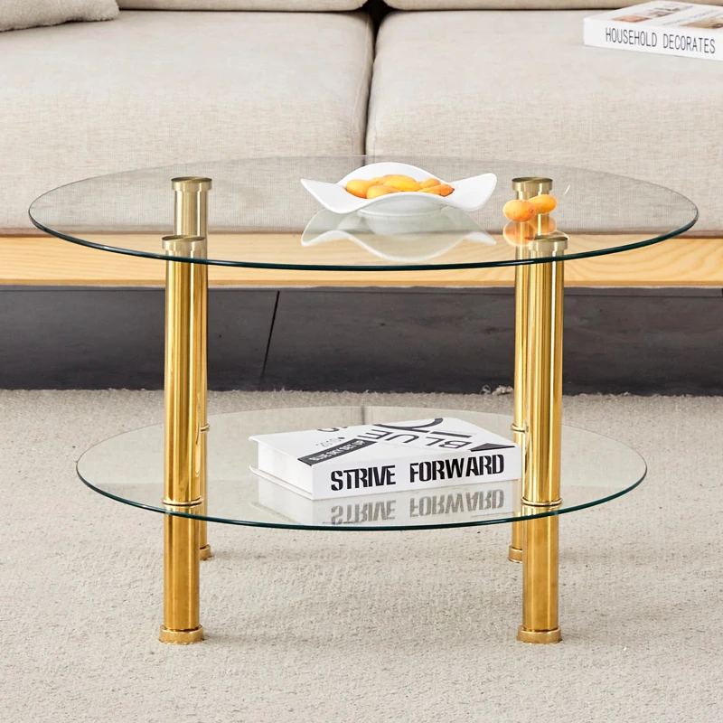 Table basse en verre à deux niveaux, design luxe discret, structure métallique robuste, 70x70x42 cm, Transparent