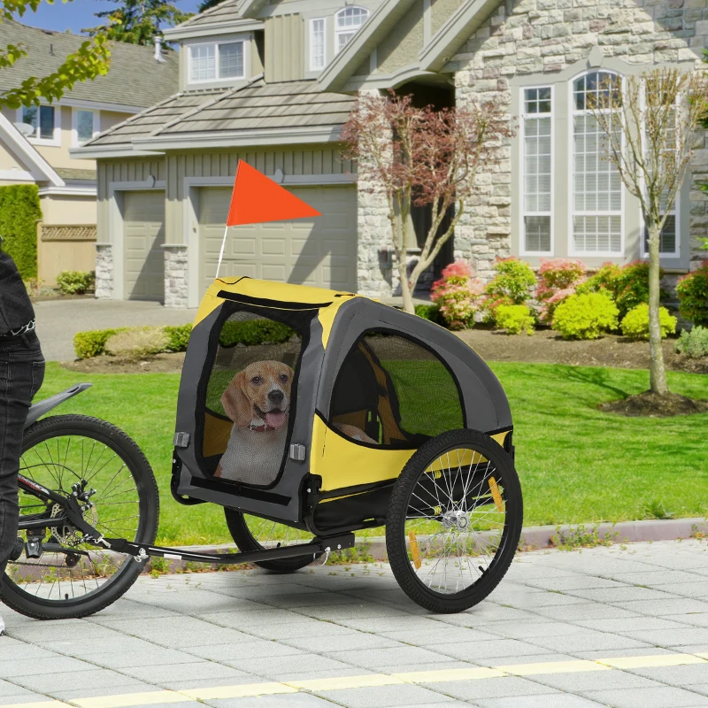PawHut Remorque de vélo pour chien avec fenêtres en maille réflecteurs et drapeau de sécurité 140 x 71 x 83 cm jaune