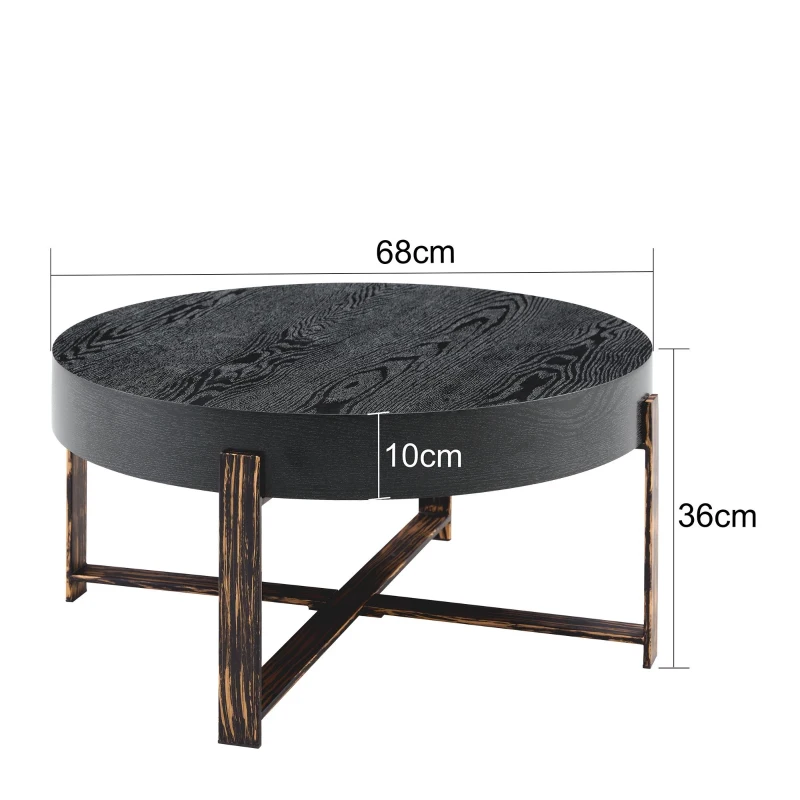 Table basse ronde style rétro‑industriel, stable et résistante, patins antidérapants et protège‑sol, 68x68x36 cm, Noir
