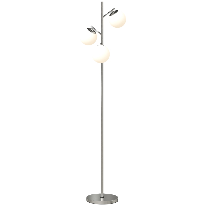 HOMCOM 3-Light Tree Floor Lamps for Living Room, Modern Standing Lamp for Bedroom with Globe Lampshade, 3000K/4000K/6000K Colour Temperatures, Steel Base, Silver Tone