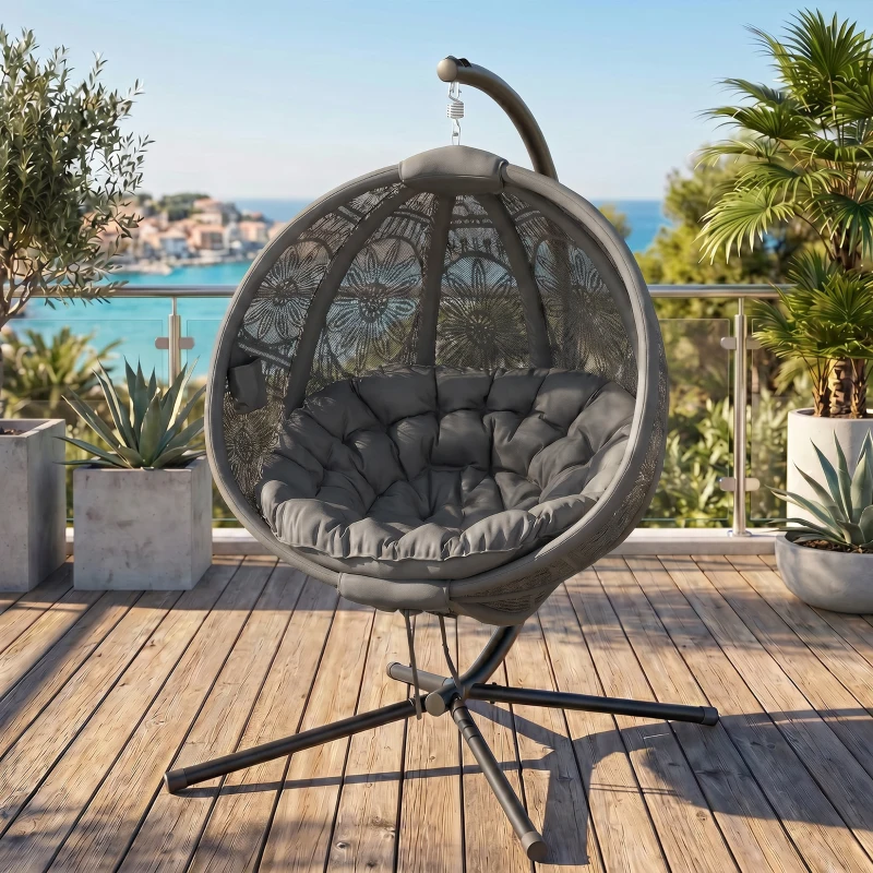 Outsunny Round Egg Basket Chair, with Steel Stand, Charcoal Grey