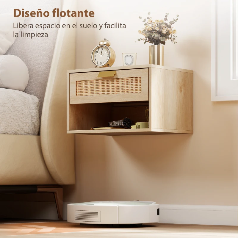 HOMCOM Juego de 2 Mesitas de Noche Flotantes con Cajón de Ratán Estante Abierto Ahorra Espacio 40x30x25 cm Roble