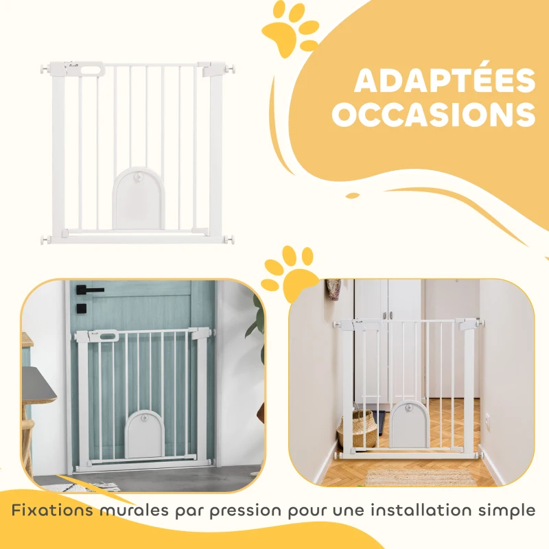 PawHut Barrière de sécurité animaux avec porte fermeture automatique système de double verrouillage, acier blanc