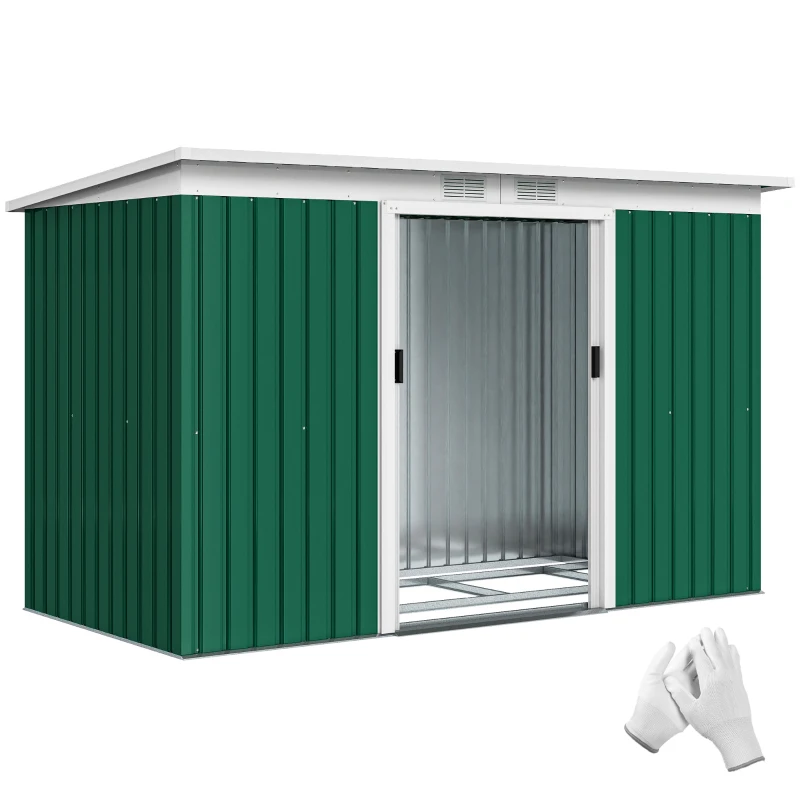 Outsunny Abri de jardin 3,6 m² 280 x 130 x 172 cm kit de fondation porte coulissante ventilations acier galvanisé vert foncé