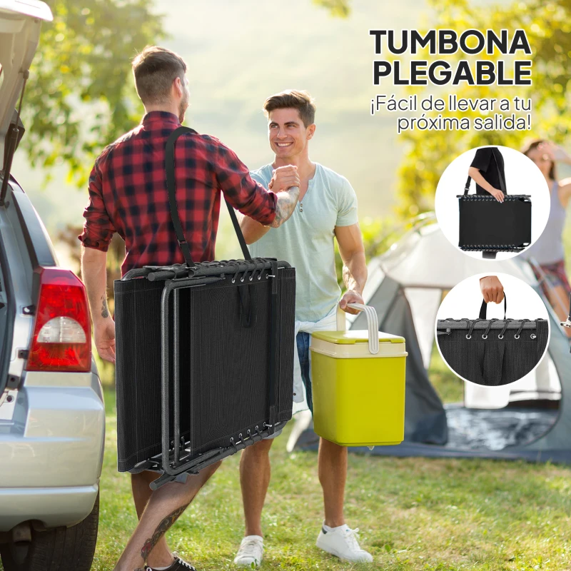 Outsunny Tumbona Plegable con Respaldo Ajustable Reposacabezas Bolsillo Lateral Bandeja y Estructura de Acero 190x60x31 cm Negro