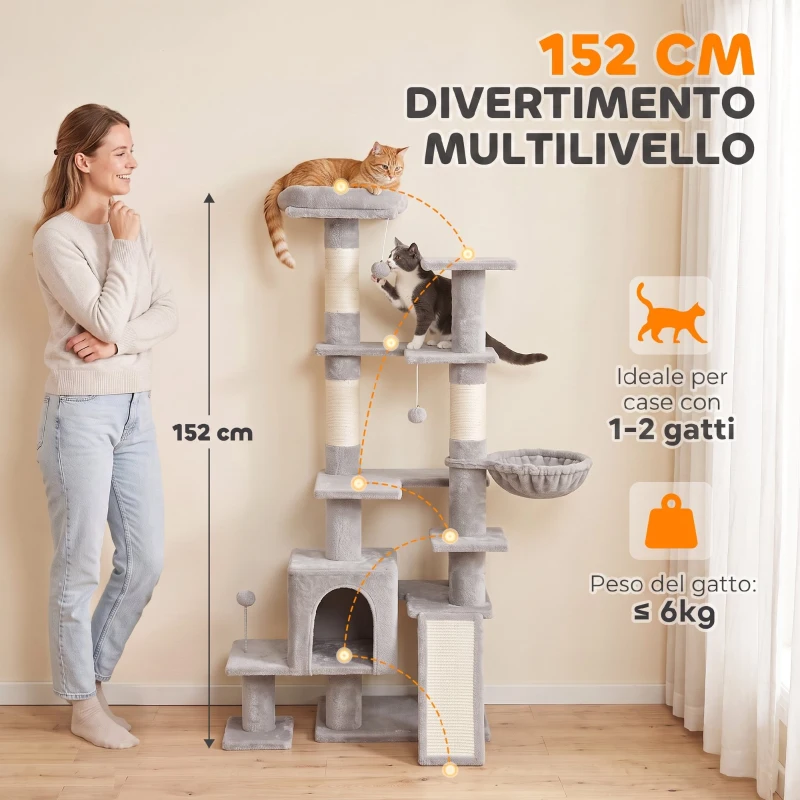 PawHut Albero Tiragraffi Multilivello 152 cm con 4 Pali per Gatti da Interno, Grigio Chiaro