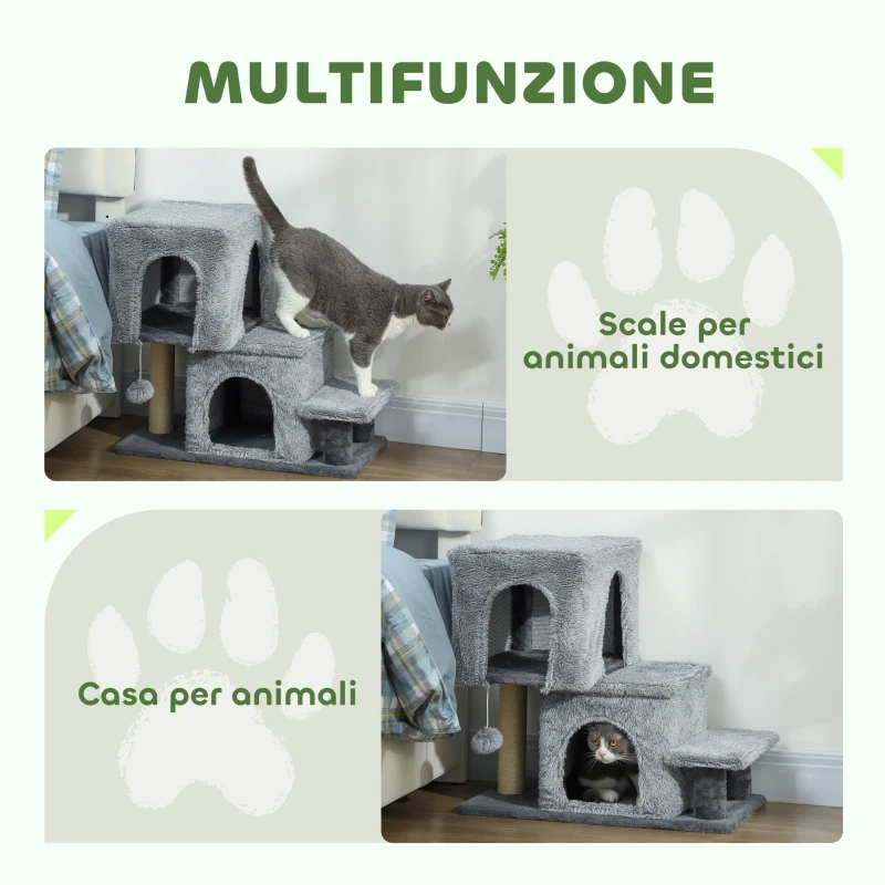 PawHut Scaletta per Gatti a 4 Gradini Regolabile in Altezza con 2 Casette, Palo Tiragraffi e Pallina, Grigio