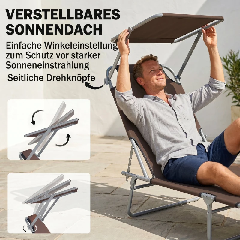 Outsunny Klapbare ligstoel met zonnescherm, verstelbare rugleuning, metalen frame, 187 x 58 x 36 cm, bruin
