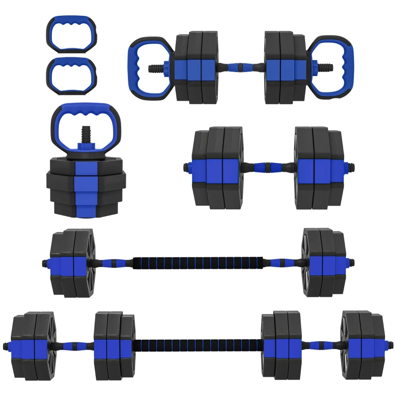 SPORTNOW Ensemble d'Haltères Musculation 6-en-1 Haltère Réglable 30 kg Kettlebell, Barre de Musculation Support pour Pompes Bleu