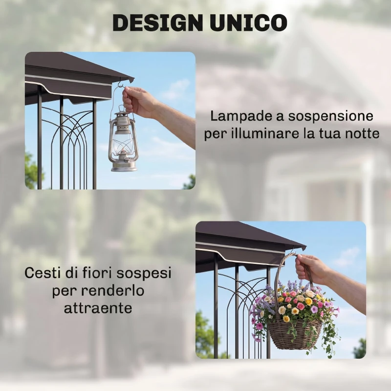 Outsunny Gazebo da Giardino 3x3m con Zanzariera e Tetto a 2 Livelli, Mensole Laterali e Ganci, Caffè