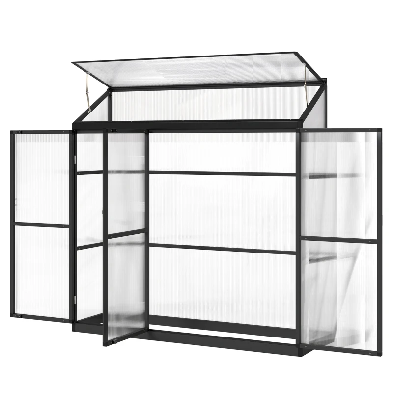 Outsunny 6 x 1.5ft Polycarbonate Greenhouse, Quick Setup, Lean-to Green House with 3 Hinged Doors, Top Vent, Black