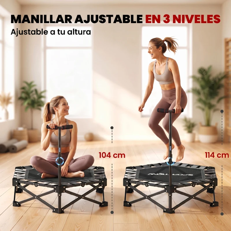 SPORTNOW Trampolín de Fitness Plegable 104 cm con Barra Ajustable en 3 Alturas Marco Metálico Reforzado y Bolsa 104x104x114 cm