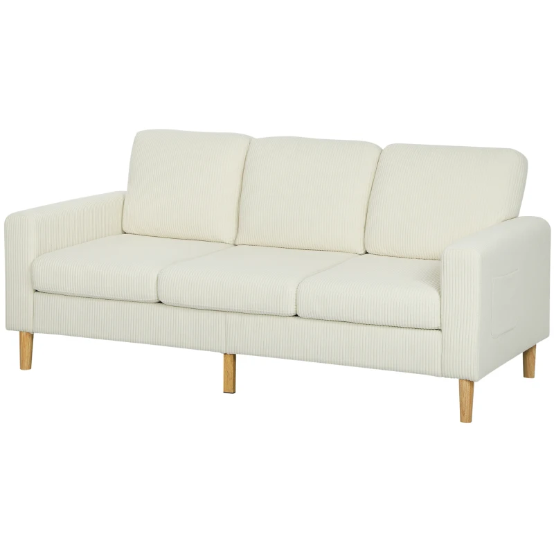 HOMCOM Canapé 3 places en velours côtelé, canapé avec coussins à ressorts et assise rembourré, 192x80x84,5cm, beige