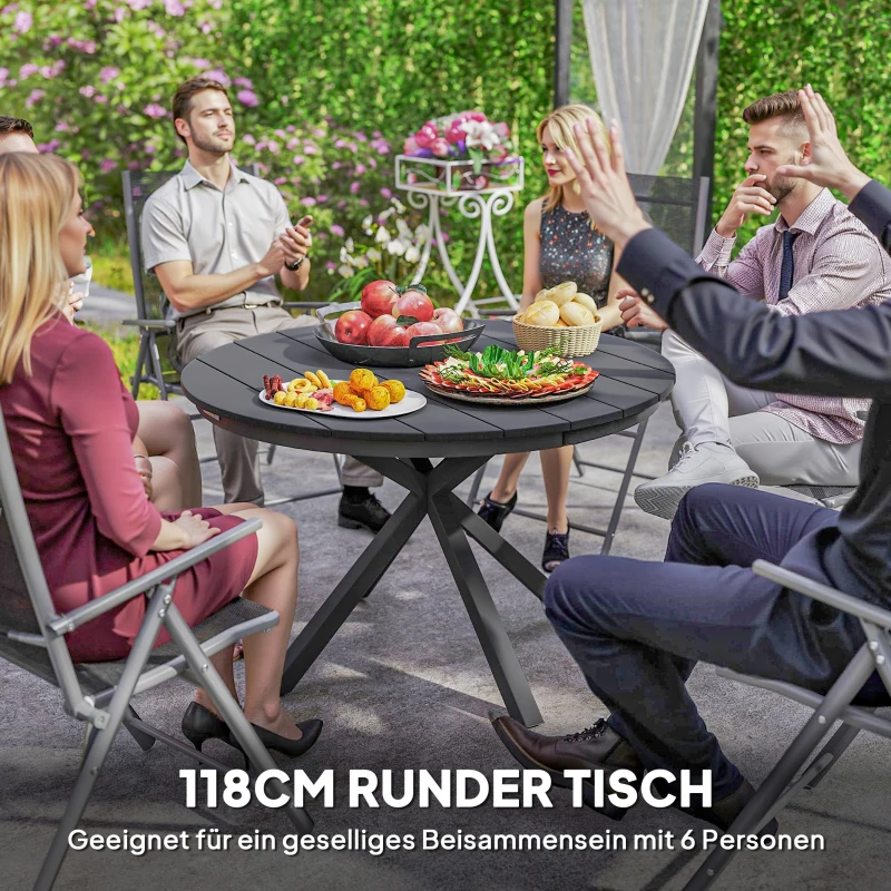Outsunny Tuintafel Ø118cm, weerbestendige balkontafel van aluminium, bijzettafel met gekruiste poten en lattenontwerp, zwart