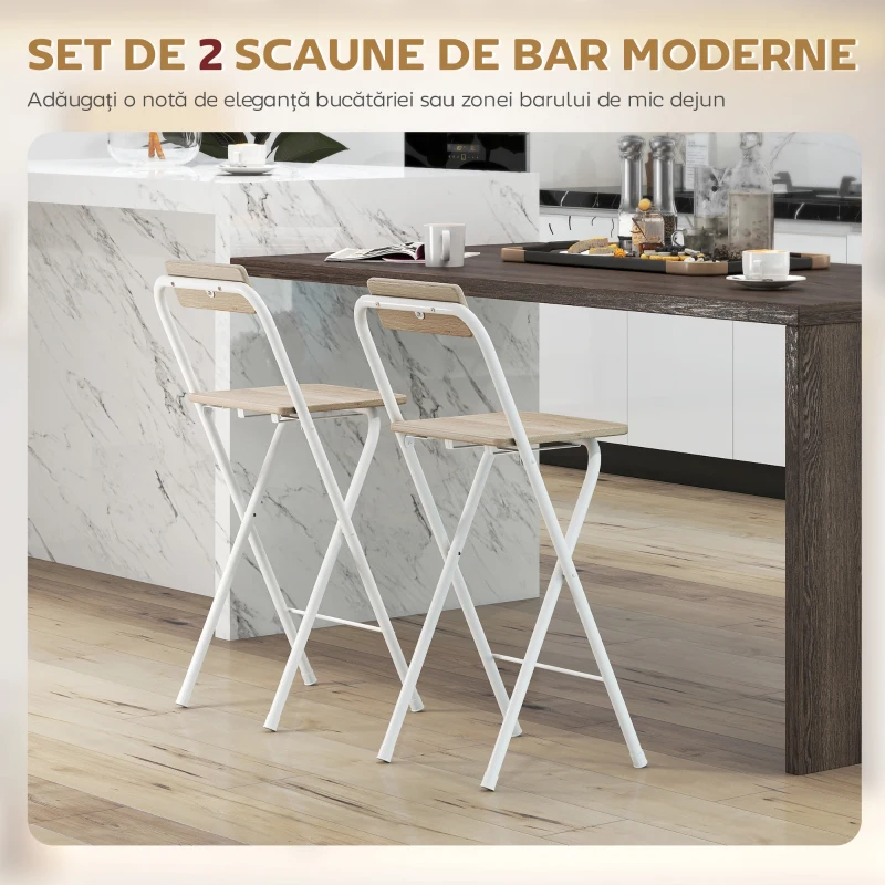 HOMCOM Set 2 Scaune de Bar Pliabile cu Suport pentru Picioare, din Lemn și Oțel, 37 x 45 x 87 cm, Lemn