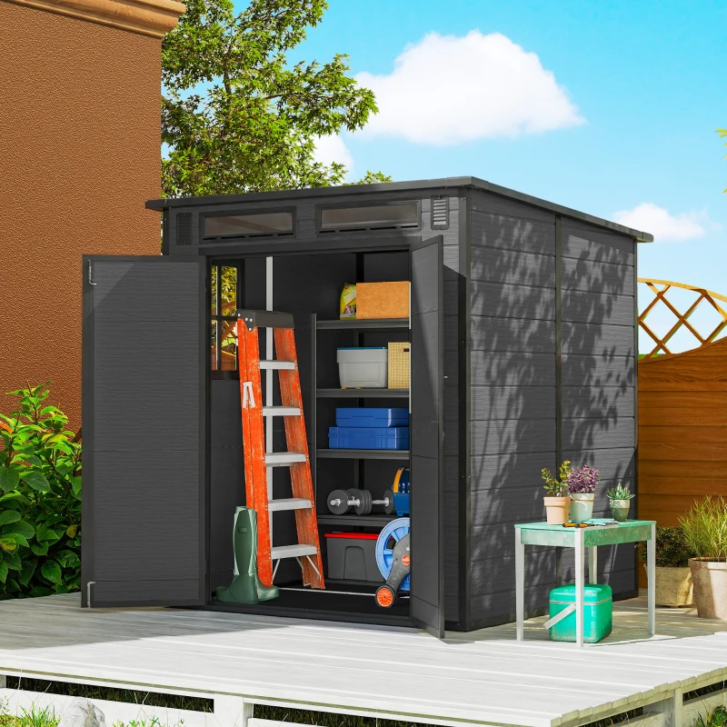 Outsunny 6 x 6 ft Plastic Garden Shed, Wood-Effect Outdoor Storage Shed with Floor, Windows, Lockable Doors and Vents, Dark Grey