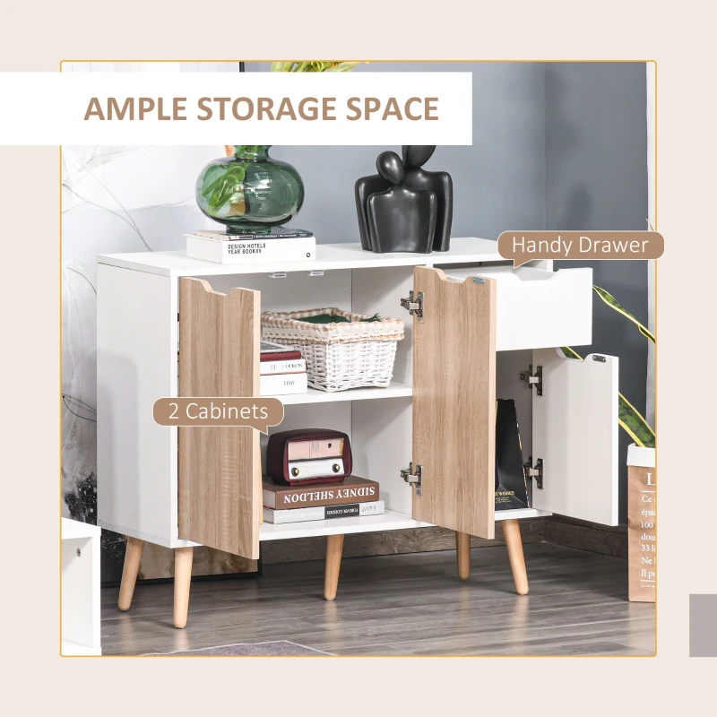 HOMCOM Bedroom Furniture Set, Wardrobe with Hanging Rod, Side Cabinet with Wood Legs, Bedside Table with Drawer, Nature Wood Finish and White