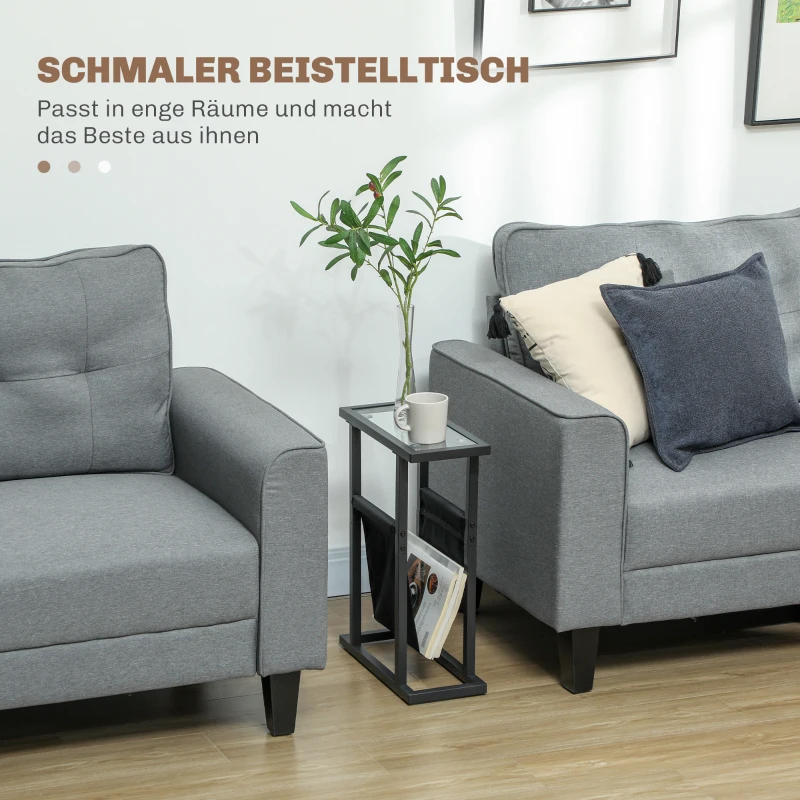 HOMCOM Bijzettafel in Metaal met Stoffen Tas en Glazen Blad, Smalle Tafel voor Woonkamer, Slaapkamer, Zwart