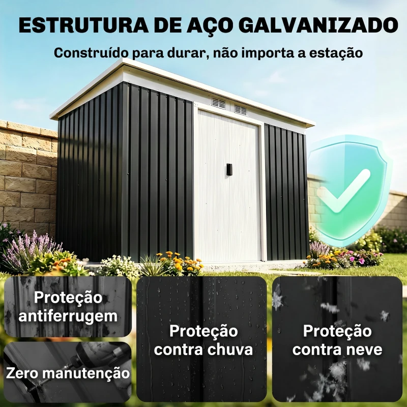 Outsunny Abrigo de Jardim 280x130x172cm Abrigo de Exterior de Aço Galvanizado com Porta Corredeira e Ventilações Cinza Escuro