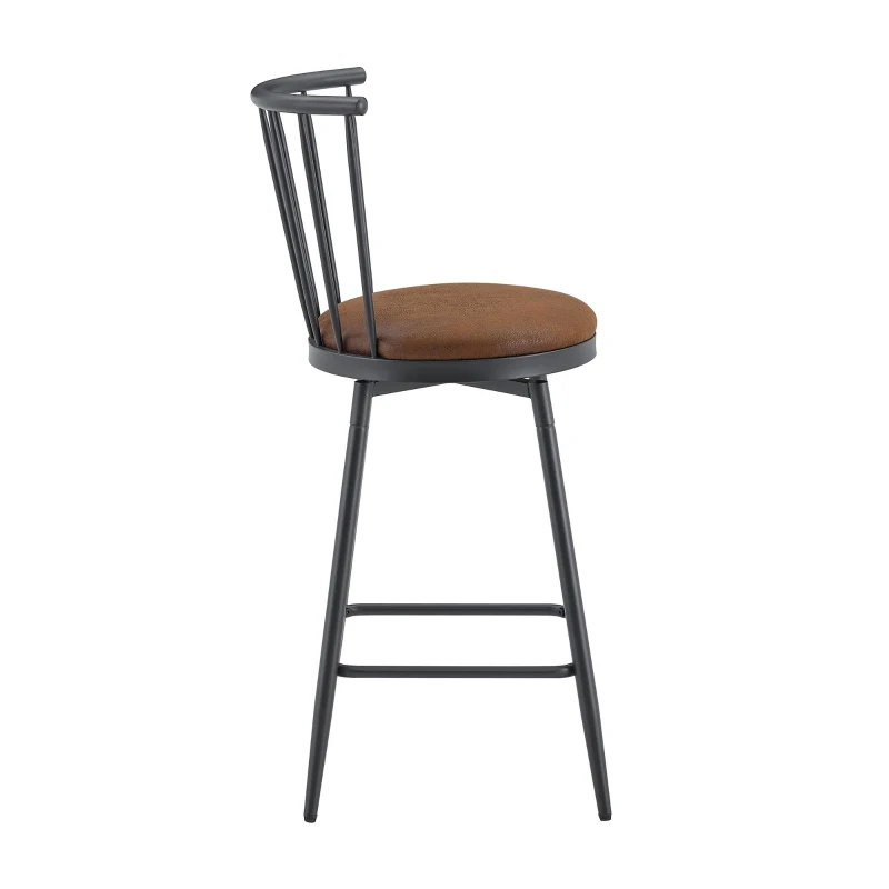 Tabouret de bar style Windsor en métal, assise ronde rembourrée, 39x39x96 cm, Marron