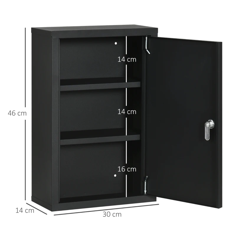 kleankin Armadietto Medicinali con 3 Mensole e Blocco con Chiavi in Acciaio, 30x14x46cm, Nero