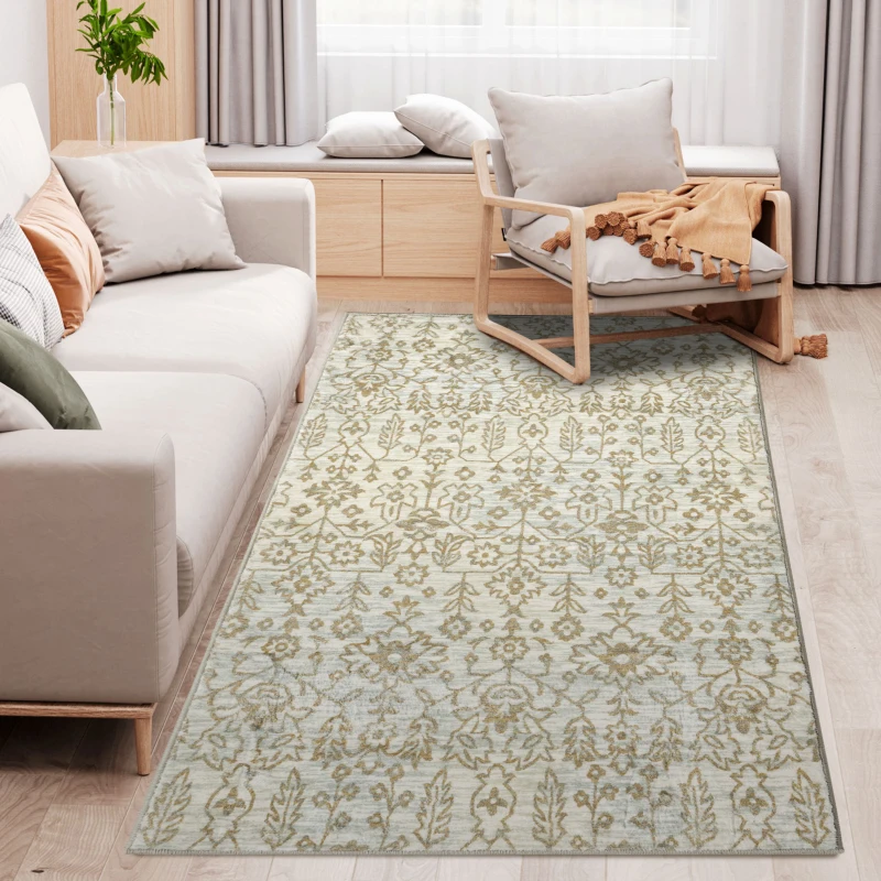 HOMCOM Floral Boho Area Rug, Carpet Cream and Green Rug for Living Room, Bedroom, Dining Room, 150 x 80cm