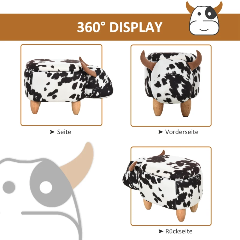 HOMCOM dierenkruk voor kinderen, kinderkruk met opbergruimte, gestoffeerde kruk, zitbank met dierenmotief, voor kinderkamers, varken voetenbank, zwart + wit, 62 x 35 x 36 cm | Aosom.de