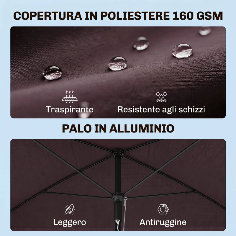 Outsunny Ombrellone da Giardino Rettangolare e Regolabile con Palo in Alluminio, 2x1.3x2.5 m, Marrone e Nero