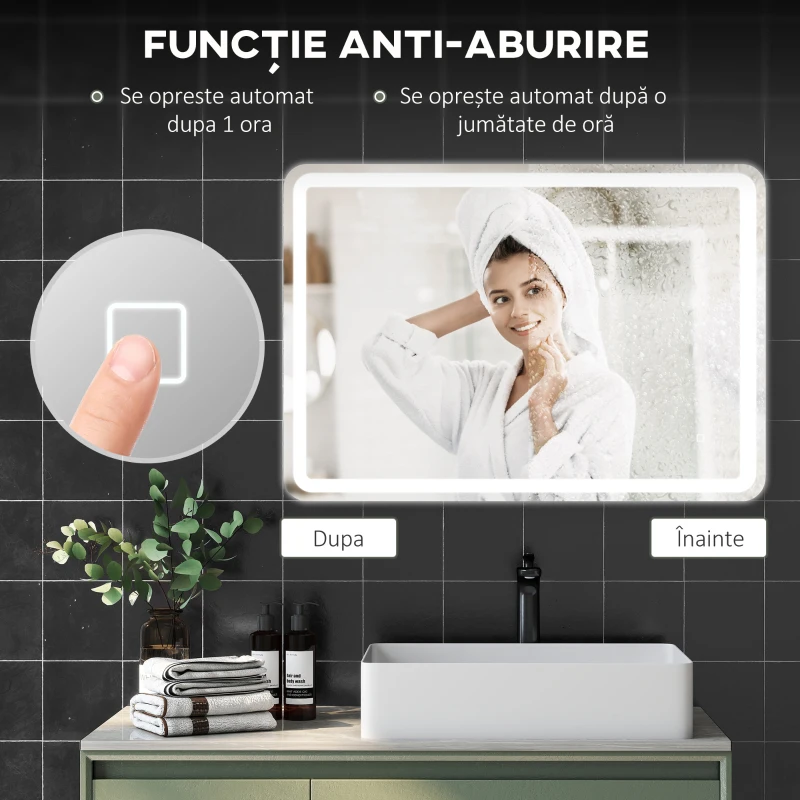 HOMCOM Oglindă de Baie cu Comutator Touch, Lumină LED la 3 Temperaturi și Antiaburire, 70x100cm