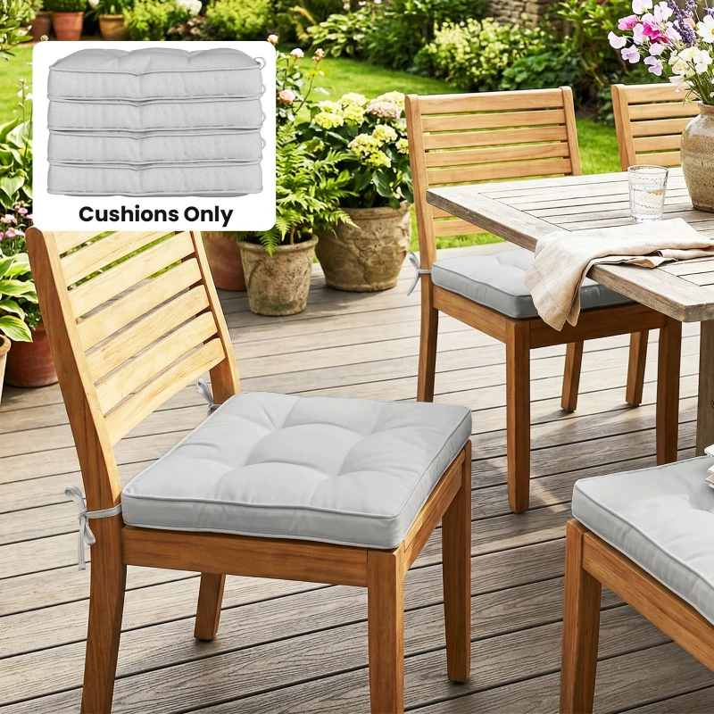 Outsunny Set of 4 Garden Seat Cushion with Ties, 42 x 42cm Replacement Dining Chair Seat Pad, Light Grey