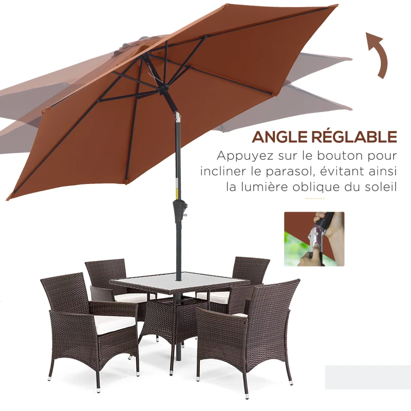 Outsunny Parasol droit parasol inclinable de jardin manivelle toile polyester haute densité 180 g/m² Ø2,6 x 2,35 m aluminium café
