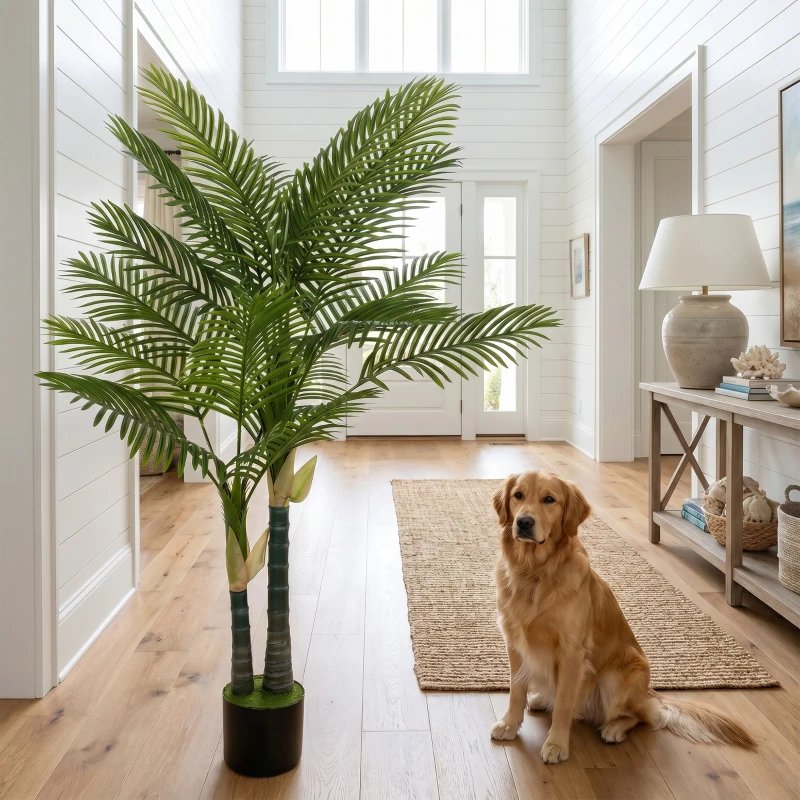 HOMCOM Kunstpalm 150cm Kunstplant met 16 Palmbladeren Grote Kunstplant in Pot voor Woonkamer Balkon Decoratie Groen