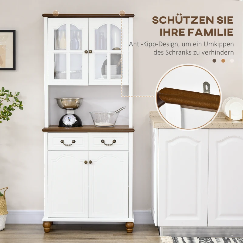 HOMCOM Kast voor in de keuken, buffet, 2 laden, 2 kastvakken, klassiek ontwerp, wit + donkerbruin, 76 x 38 x 182 cm