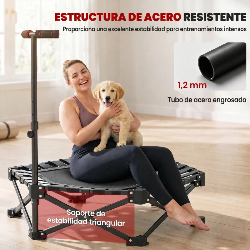 SPORTNOW Trampolín de Fitness Plegable 104 cm con Barra Ajustable en 3 Alturas Marco Metálico Reforzado y Bolsa 104x104x114 cm